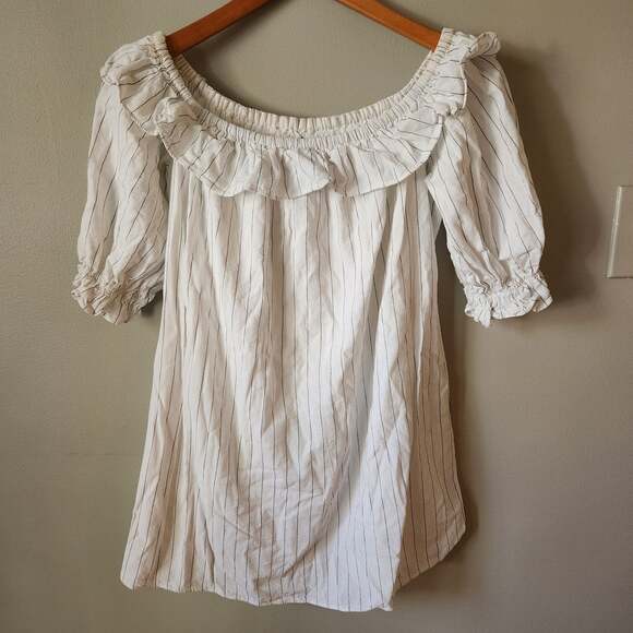 Lulu's Cotton White Pinstripe Off the Shoulder Peasant Boho Ruffle Dress - Picture 1 of 7